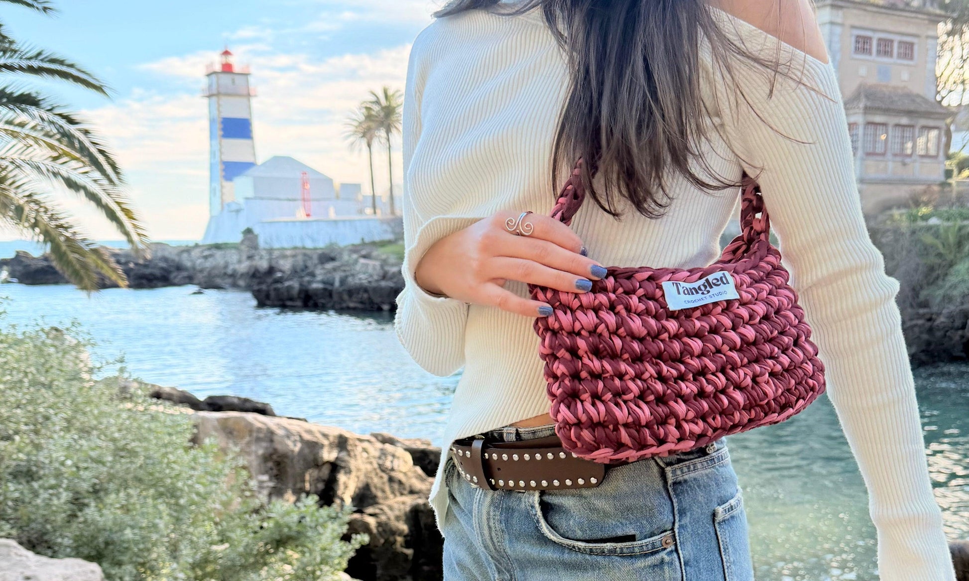 Handmade blush pink shoulder bag crafted from 100% recycled cotton, eco-friendly and stylish for everyday wear.